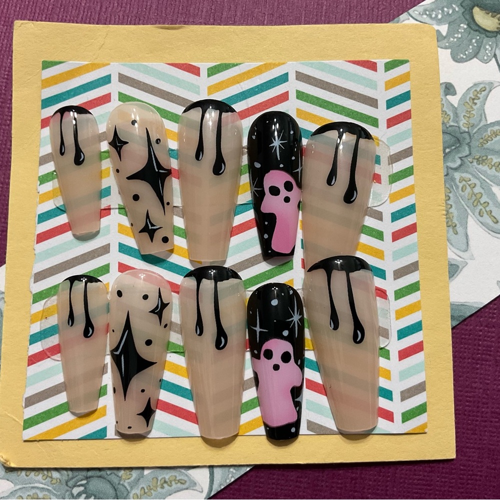 Black & Pink Halloween Press On Nail Set - Summer Fun Collection - #003